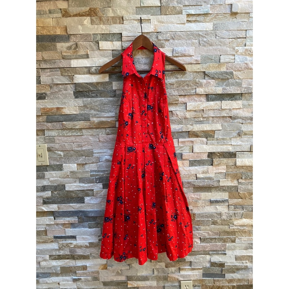 Eva Franco Red Floral Halter Dress Size 6 50s 40s.